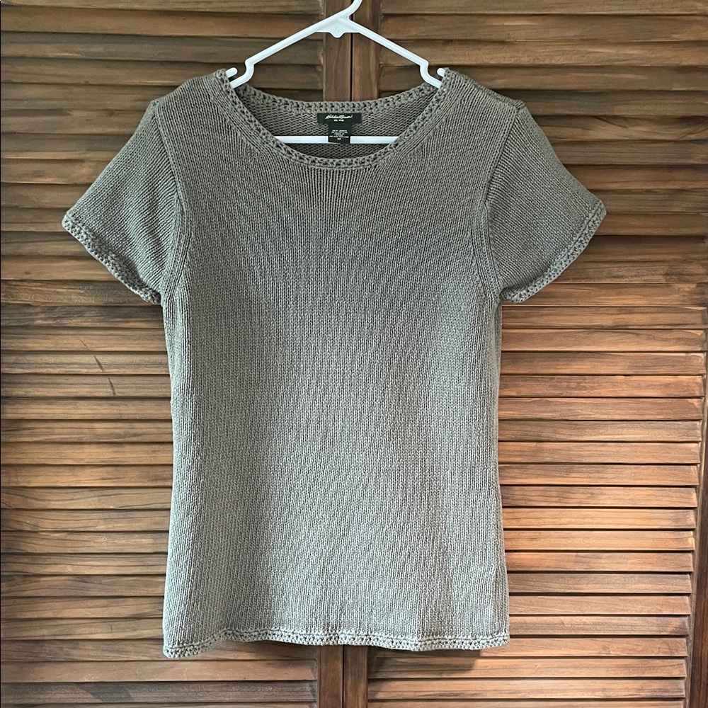 Vintage Olive Green Short-Sleeve Ramie/Cotton Knit Sweater (M)